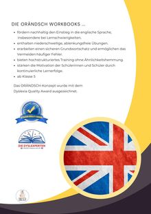 Text über ORÄNDSCH Workbooks für Englisch mit LRS. Logos von Dyslexia Quality Award und Die Dyslexperten, Union Jack darunter.