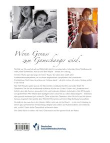Wenn Genuss zum Gamechanger wird. Vorher-Nachher-Bilder einer Frau; Text über gesunde Ernährung und persönlicher Wandel.