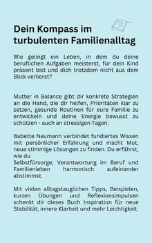 Text über Strategien für Balance im Familienalltag. Oben links ist eine Illustration mit einem Notizbuch. Hintergrund in Hellblau.