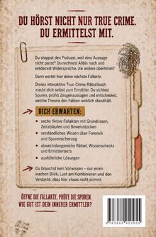 Eine Rückseite eines Buchs mit Text über interaktive True-Crime-Rätsel und einer Liste der enthaltenen Inhalte. Links eine Büroklammer, rechts ein Fingerabdruck. Unten ein Barcode.
