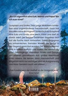 Zitat: „Bin ich eigentlich eine Eule...?“ Text beschreibt die Freundschaft einer Eule und Maus, Suche nach Antworten. Illustration: Wald.