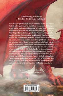 Text: „Es erfordert großen Mut, dem Ruf des Herzens zu folgen.“ Illustration: Ein roter Drache auf einer felsigen Landschaft.
