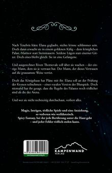Text über Elanas Gefangenschaft im Palast; magische Intrigen; Kampenwand Verlag Logo; Hintergrund mit feinen Glanzpunkten.