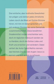 Text über christliche Gewohnheiten, Bibel, Gebet und Gemeinschaft. Bunter Hintergrund mit Kreisen und Rechtecken.