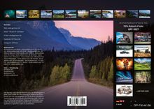 15% Rabatt-Code: GPF-2027. Eine Straße führt durch Wald in die Berge. Oben Naturbilder, rechts Kalender mit Fahrzeugen und Tieren.
