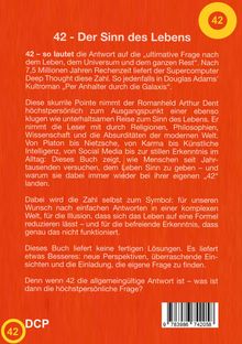 "42 - Der Sinn des Lebens" steht oben in Weiß auf rotem Hintergrund. Darunter ein Text über die philosophische Bedeutung der Zahl 42. Links unten ein gelbes Logo mit der Zahl 42.