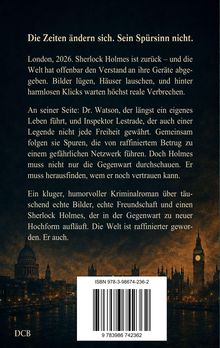 "Die Zeiten ändern sich. Sein Spürsinn nicht." Text beschreibt Holmes 2026 in London. Stadtbild mit Fluss und Big Ben im Hintergrund.