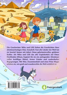Text über Geschwister Mika und Lilli, die mit einem geheimnisvollen Koffer Abenteuer erleben. Illustrative Szenen von Entdeckungen.