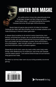 HINTER DER MASKE. Gesicht mit Maske links, Text über Lebensfreude, Erfolg und Lebensgeschichte eines erfolgreichen Autors.