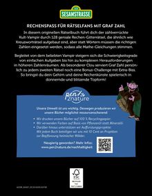 "RECHENSPASS FÜR RÄTSELFANS MIT GRAF ZAHL" beschreibt ein Rätselbuch. Oben ist ein Sesamstraßen-Logo. Rechts ist eine Figur.