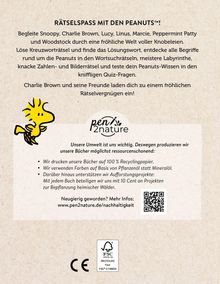 „Rätselspaß mit den Peanuts“, begleitet von einem gelben Vogel und dem Logo „pen&nature“. Umweltfreundliche Produktion.