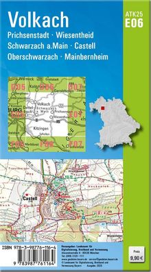 Volkach und umliegende Orte sind in weiß auf blauem Hintergrund. Karte mit Details und Regionen. Preis: 9,90 €.