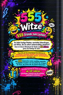 Buntes Cover mit großen, farbenfrohen Schriftzügen "555 Witze" und "555 Gründe zum Lachen!" Gelbe Smileys, bunte Flecken.