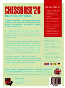 CHESSBASE’26: Erweitere deine Schachhorizonte. Neue Funktionen, Systemanforderungen, mehrsprachige Version. Logo unten links.
