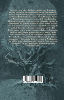 Der Text beschreibt Simon de Luca, einen Manager besessen von Schottlands Geschichte. Er reist in die Vergangenheit für seine Liebe. Im Hintergrund ist eine Illustration mit Baumwurzeln und einem Helm.