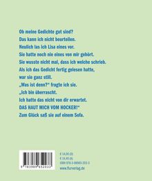 Ein Gedicht beschreibt eine überraschende Reaktion auf das Vorlesen eigener Werke. Farbiger Hintergrund mit Preisangaben.