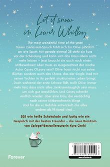 Text in geschwungener Schrift: "Let it snow in Lower Whilby". Hintergrund zeigt einen winterlichen Himmel mit Sternen. Unten eine Tasse mit heißer Schokolade.