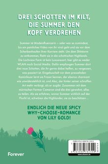 "DREI SCHOTTEN IM KILT, DIE SUMMER DEN KOPF VERDREHEN" steht oben in Großbuchstaben. Darunter folgt eine Buchbeschreibung. Unten steht: "ENDLICH DIE NEUE SPICY WHY-CHOOSE-ROMANCE VON LILY GOLD!" Ein grüner Hintergrund zeigt eine stilisierte Landschaft und Blume.