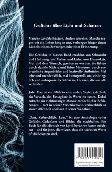 Titel: "Gedichte über Licht und Schatten". Eine Anthologie zarter, zerbrechlicher und lauter Gefühle. Links abstrakte Linien.