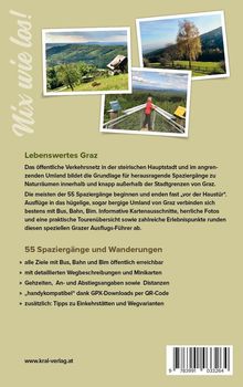 "Nix wie los! Lebenswertes Graz. 55 Spaziergänge und Wanderungen." Fotos von Landschaften, darunter eine Person auf einem Aussichtspunkt.