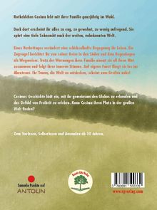 Rückseite eines Buches mit Text über Rotkehlchen Cosina, die mit ihrer Familie im Wald lebt und Freiheit in der Welt sucht. Ab 10 Jahren.