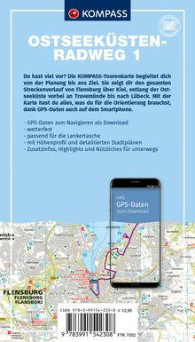 KOMPASS Fahrrad-Tourenkarte Ostseeküstenradweg 1, von Flensburg nach Lübeck 1:50.000, Buch