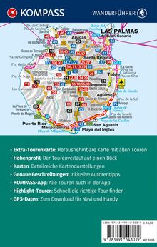 Titel: "KOMPASS WANDERFÜHRER". Eine Karte von Gran Canaria mit farbigen Routen und Symbolen. Grüner Info-Abschnitt.