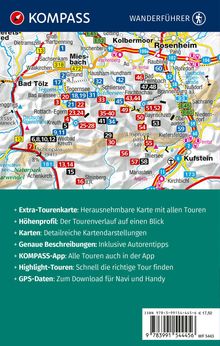Oben: "KOMPASS WANDERFÜHRER". Unten: Text über Karteninhalte und Funktionen. Hintergrund: Karte mit Orten und Straßen.