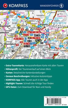 Texte: Extra-Tourenkarte, Höhenprofil, Karten, Genaue Beschreibungen, KOMPASS-App, Highlight-Touren, GPS-Daten. 

Oben: KOMPASS Logo und Wanderkarte.
