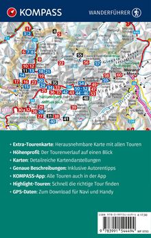 Logo KOMPASS Wanderführer. Karte mit Tournummern. Texte über Tourenkarte, Höhenprofil, Karten, Beschreibungen, App, GPS.