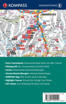 Oberer Text: Extra-Tourenkarte, Höhenprofil, Karten. Mittig: Karte mit Wanderwegen bei Innsbruck. Oben: Logo Kompass.