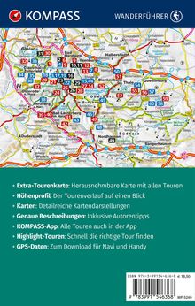 "Extra-Tourenkarte: Herausnehmbare Karte mit allen Touren, Höhenprofil: Der Tourenverlauf auf einen Blick." 

Wanderkarte mit Streckennummern und Landschaftsnamen. Oben Logos mit "KOMPASS" und "WANDERFÜHRER".