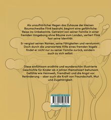 Ein Text über die abenteuerliche Reise der kleinen Baumschwalbe Flink und Themen wie Freundschaft und Zugehörigkeit. Im Hintergrund sind stilisierte Bäume zu sehen.
