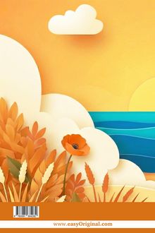 www.easyOriginal.com. Landschaftsillustration mit Blumen, blauen Wellen, orangefarbenem Himmel und einer gelben Sonne.