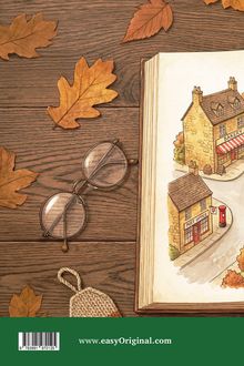 Text: www.easyOriginal.com. Alte Brille, Herbstblätter und ein aufgeschlagenes Buch mit Illustrationen von Gebäuden.