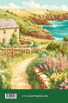 www.easyOriginal.com. Ländliche Landschaft mit Küste, Steinhaus, Blumenweg und Meer.