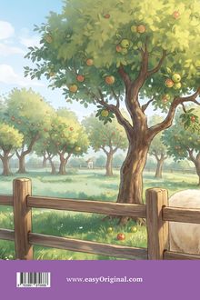 www.easyOriginal.com: Illustration eines Obstgartens mit Apfelbäumen, grünem Gras und einem Holzzaun.