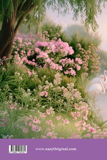 www.easyOriginal.com. Illustration: Rosafarbene Blumen unter einem Baum, zwei Schwäne an einem Teich.