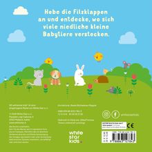 Text: "Hebe die Filzklappen an und entdecke, wo sich viele niedliche kleine Babytier verstecken."  
Illustration: Tiere auf einer Wiese.