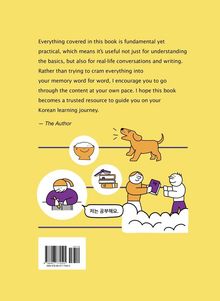 Ein Zitat des Autors über das Lernen, darunter ein Hund, Menschen mit Büchern und koreanischer Text "저는 공부해요".