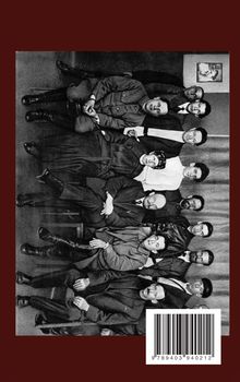 Eine alte Fotoaufnahme einer großen Gruppe von Männern in Anzügen und Uniformen vor einem dunklen Hintergrund. Oben: Gemälde.
