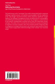 Titel: "Addressing Uncertainty: Logic of China's Economic Development in a Global Context" von Yugui Zhang, Beschreibung eines Buchinhalts auf rotem Hintergrund. Unten Barcode.
