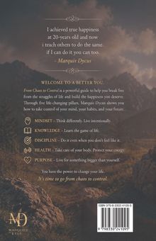 Zitat: „I achieved true happiness at 20-years old...“ Darunter Themen: Mindset, Knowledge, Discipline, Health, Purpose. Hintergrund: Berglandschaft.