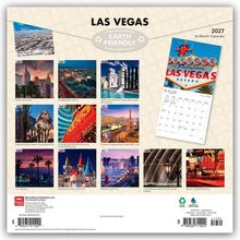 "LAS VEGAS", "Earth Friendly", Monatsnamen Januar bis Dezember mit kurzen Beschreibungen; Kalenderblatt und bunte Fotos von Las Vegas.
