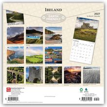 „Ireland“ oben, darunter „EARTH FRIENDLY“. Kalenderbilder 2027 zu irischen Landschaften, jedes beschriftet mit Ort und Monat.