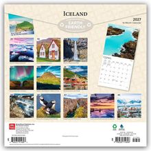 Iceland 2027, 16-Month Calendar. Bilder von bekannten Orten in Island, darunter Glaumbær und Reykjavik.