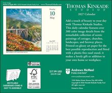 "Monday 10 May", "2027 Calendar", gemäldeartige Landschaft mit Brücke, Preisangabe $17.99 USD, recycelbarer Aufsteller.