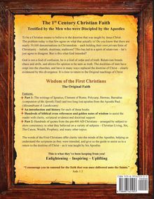 Der Titel lautet: "The 1st Century Christian Faith". Es handelt sich um eine Buchrückseite mit religiösem Thema und Text über christliche Doktrin.