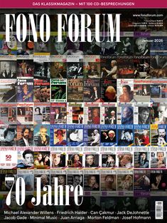 Oben: "DAS KLASSIKMAGAZIN – MIT 100 CD-BESPRECHUNGEN". Groß "FONO FORUM". Unten groß "70 Jahre". Collage aus Covern.