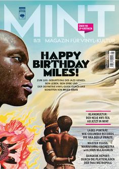 Texte: "HAPPY BIRTHDAY MILES!" und "MAGAZIN FÜR VINYL-KULTUR". Illustration: Zwei stilisierte Personen vor abstraktem Hintergrund.